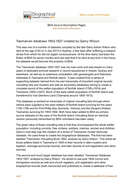 Tasmanian Database 1803-1827 Created by Garry Wilson