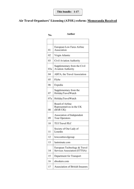 Air Travel Organisers' Licensing (ATOL) Reform: Memoranda Received