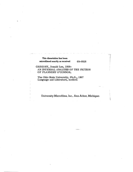 AN INTERNAL ANALYSIS of the FICTION of FLANNERY O'connor. the Ohio State University, Ph.D., 1967 Language and Literature, Modern