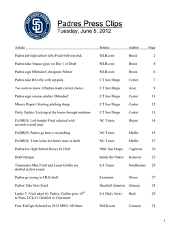 Padres Press Clips Tuesday, June 5, 2012