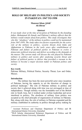 Role of Military in Politics and Society in Pakistan: 1947 to 1958