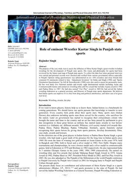 Role of Eminent Wrestler Kartar Singh in Punjab State Sports