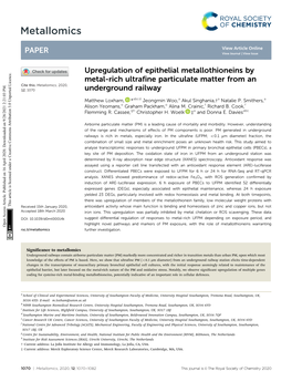 Upregulation of Epithelial Metallothioneins by Metal-Rich Ultrafine Particulate Matter from an Cite This: Metallomics, 2020, 12,1070 Underground Railway