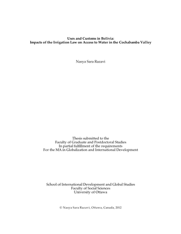 Uses and Customs in Bolivia: Impacts of the Irrigation Law on Access to Water in the Cochabamba Valley