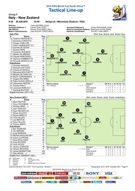 Tactical Line-Up Group F Italy - New Zealand # 28 20 JUN 2010 16:00 Nelspruit / Mbombela Stadium / RSA