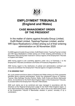 Case Management Order 158: Arcadia Group