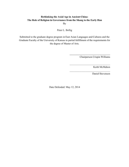 Rethinking the Axial Age in Ancient China: the Role of Religion in Governance from the Shang to the Early Han by Peter L. Bollig