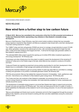 New Wind Farm a Further Step to Low Carbon Future