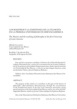 Los Maestros Y La Enseñanza De La Filosofía En La Primera Universidad En Hispanoamérica