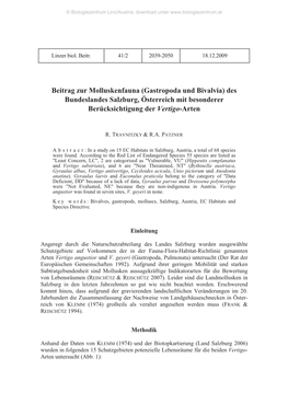 Beitrag Zur Molluskenfauna (Gastropoda Und Bivalvia) Des Bundeslandes Salzburg, Österreich Mit Besonderer Berücksichtigung Der Vertigo-Arten