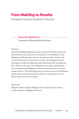 From Makiling to Rosales: Philippine Literary Studies in Russia