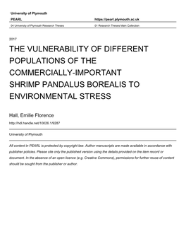 The Vulnerability of Different Populations of the Commercially-Important Shrimp Pandalus Borealis to Environmental Stress