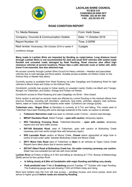 Lachlan Shire Council Po Box 216 Condobolin Nsw 2877 Phone: (02) 68 951 900 Fax: (02) 68 953 478