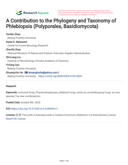 A Contribution to the Phylogeny and Taxonomy of Phlebiopsis (Polyporales, Basidiomycota)