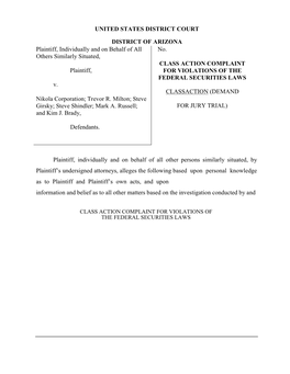 UNITED STATES DISTRICT COURT DISTRICT of ARIZONA Plaintiff