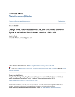 Orange Riots, Party Processions Acts, and the Control of Public Space in Ireland and British North America, 1796-1851