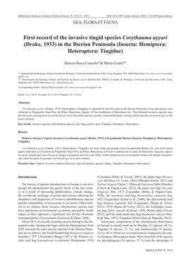 First Record of the Invasive Tingid Species Corythauma Ayyari (Drake, 1933) in the Iberian Peninsula (Insecta: Hemiptera: Heteroptera: Tingidae)