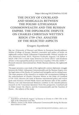 The Duchy of Courland and Semigallia Between the ­Polish–Lithuanian Commonwealth and the Russian Empire