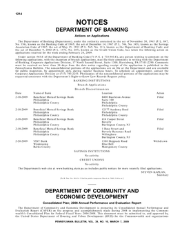 NOTICES DEPARTMENT of BANKING Actions on Applications