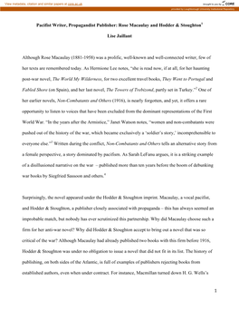 1 Pacifist Writer, Propagandist Publisher: Rose Macaulay and Hodder & Stoughton1 Lise Jaillant Although Rose Macaulay (1881