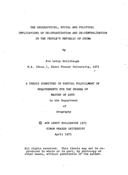 The Geographical, Social and Political Implications of De-Urbanisation and Decentralisation in the People's Republic of Chin