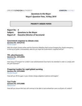 Questions to the Mayor Mayor's Question Time, 16 May 2019