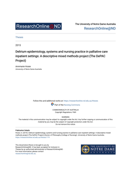 Delirium Epidemiology, Systems and Nursing Practice in Palliative Care Inpatient Settings: a Descriptive Mixed Methods Project (The Depac Project)