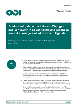 Adolescent Girls in the Balance: Changes and Continuity in Social Norms and Practices Around Marriage and Education in Uganda