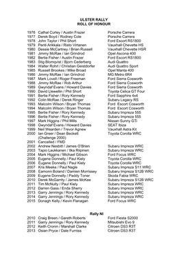 ULSTER RALLY ROLL of HONOUR 1976 Cathal Curley / Austin Frazer