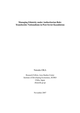 Managing Ethnicity Under Authoritarian Rule: Transborder Nationalisms in Post-Soviet Kazakhstan