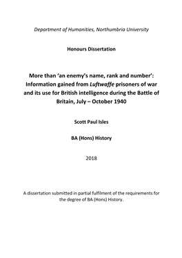 Information Gained from Luftwaffe Prisoners of War and Its Use for British Intelligence During the Battle of Britain, July – October 1940