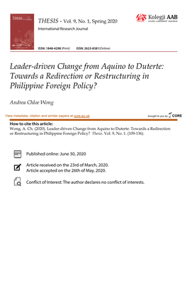 Leader-Driven Change from Aquino to Duterte: Towards a Redirection Or Restructuring in Philippine Foreign Policy?