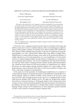 BIRTH of a CONTACT LANGUAGE DID NOT FAVOR SIMPLIFICATION University of Queensland Australian National University Karungkarni