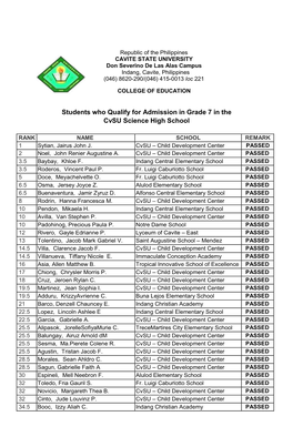 Students Who Qualify for Admission in Grade 7 in the Cvsu Science High School