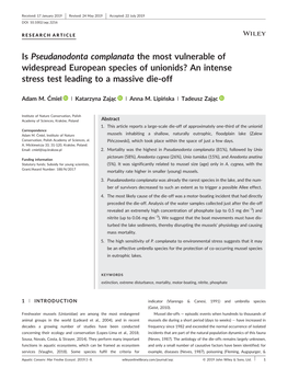 Is Pseudanodonta Complanata the Most Vulnerable of Widespread European Species of Unionids? an Intense Stress Test Leading to a Massive Die‐Off