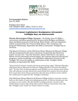 6.18.2020 Press Release Vermont Legislature Designates Alexander