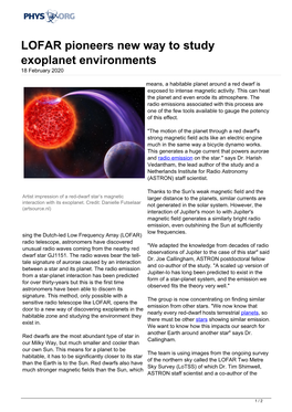 LOFAR Pioneers New Way to Study Exoplanet Environments 18 February 2020