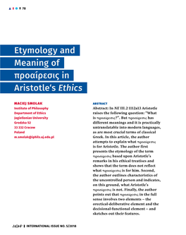 Etymology and Meaning of Προαίρεσις in Aristotle's Ethics