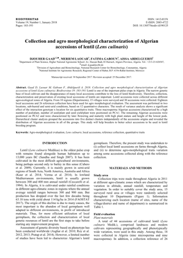 Collection and Agro Morphological Characterization of Algerian Accessions of Lentil (Lens Culinaris)