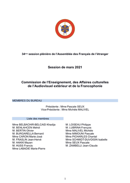 Session De Mars 2021 Commission De L'enseignement, Des Affaires Culturelles De L'audiovisuel Extérieur Et De La Francophon