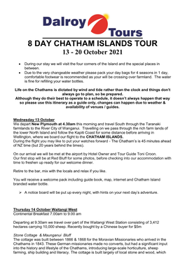 8 DAY CHATHAM ISLANDS TOUR 13 - 20 October 2021