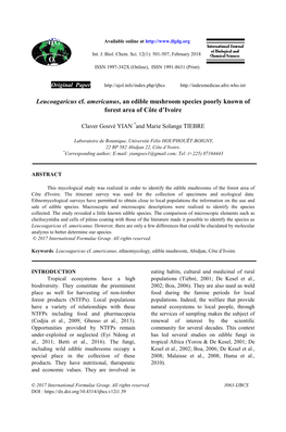 Leucoagaricus Cf. Americanus, an Edible Mushroom Species Poorly Known of Forest Area of Côte D’Ivoire