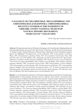Coleoptera: Chrysomeloidea) Recently Entered in the Patrimony of “Grigore Antipa” National Museum of Natural History (Bucharest)