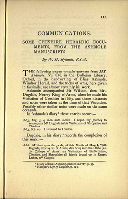 COMMUNICATIONS. SOME CHESHIRE HERALDIC DOCU­ MENTS, from the ASHMOLE MANUSCRIPTS by W