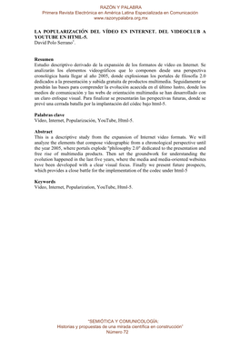 LA POPULARIZACIÓN DEL VÍDEO EN INTERNET. DEL VIDEOCLUB a YOUTUBE EN HTML-5. David Polo Serrano1