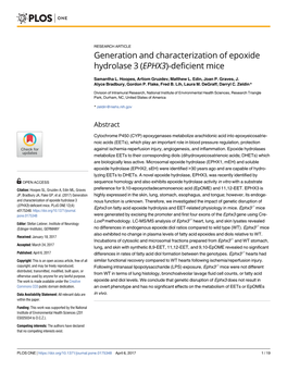 Generation and Characterization of Epoxide Hydrolase 3 (EPHX3)-Deficient Mice