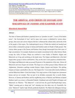 186 the Arrival and Origin of Gujjars and Bakarwals Of