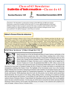 Class of 65 Newsletter Bulletin D'information—Classe De 65