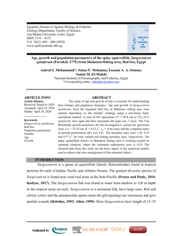 Age, Growth and Population Parameters of the Spiny Squirrelfish, Sargocentron Spiniferum (Forsskål, 1775) from Shalateen Fishing Area, Red Sea, Egypt