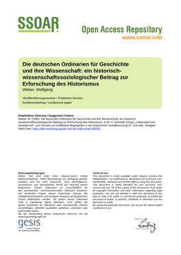 Die Deutschen Ordinarien Für Geschichte Und Ihre Wissenschaft: Ein Historisch- Wissenschaftssoziologischer Beitrag Zur Erforschung Des Historismus Weber, Wolfgang